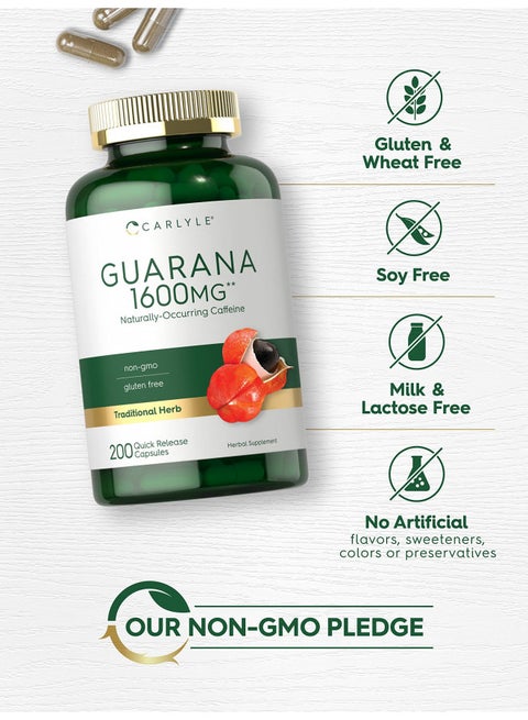 Carlyle Guarana Extract Capsules | 1600mg | 200 Count | Non-GMO, Gluten Free Extract | Naturally Occurring Caffeine