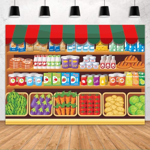 FHZON Cartoon Supermarket Shelf Background Fresh Fruit and Vegetable Goods Shelf Grocery Store Decoration Background Baby Shower Photography Decoration Photo Booth Studio Props 7x5ft BJMYFH268 - Image 1