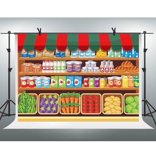 FHZON Cartoon Supermarket Shelf Background Fresh Fruit and Vegetable Goods Shelf Grocery Store Decoration Background Baby Shower Photography Decoration Photo Booth Studio Props 7x5ft BJMYFH268 - Image 3