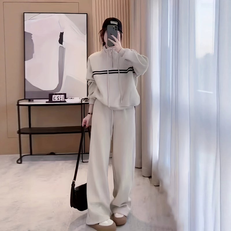 Women's Stand Collar Sweatshirt Set with Wide Leg Pants - Image 2