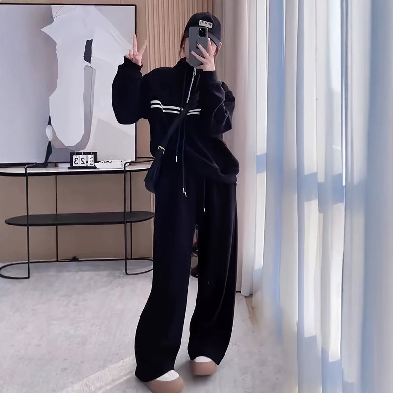 Women's Stand Collar Sweatshirt Set with Wide Leg Pants - Image 3