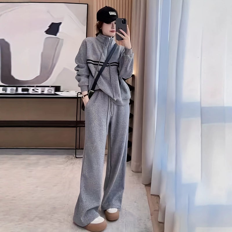 Women's Stand Collar Sweatshirt Set with Wide Leg Pants - Image 4