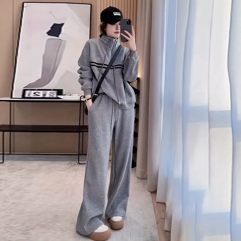 Women's Stand Collar Sweatshirt Set with Wide Leg Pants - Image 1