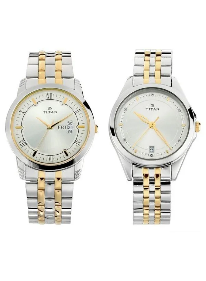 TITAN Bandhan Quartz Analog with Day & Date Silver Dial Two Toned Silver & Gold Stainless Steel Strap Couple Watch - 17742565BM01