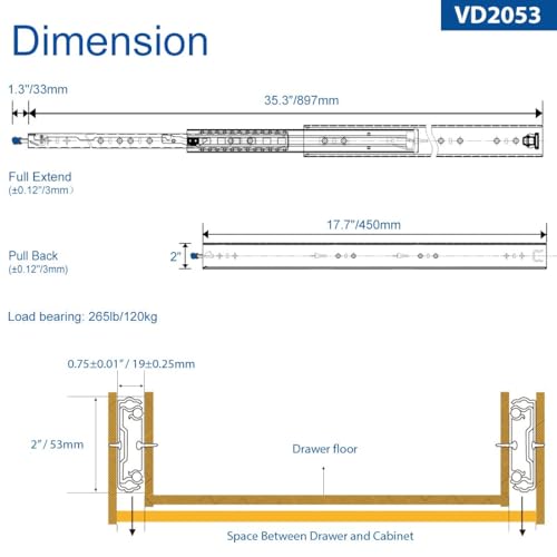 VADANIA 18" Heavy Duty Drawer Slide with Lock #VD2053, 2" Width Up to 264lb Load Capacity, 3-Fold Full Extension, Ball Bearing Lock-in & Lock-Out, Side Mount, 1-Pair - Image 4