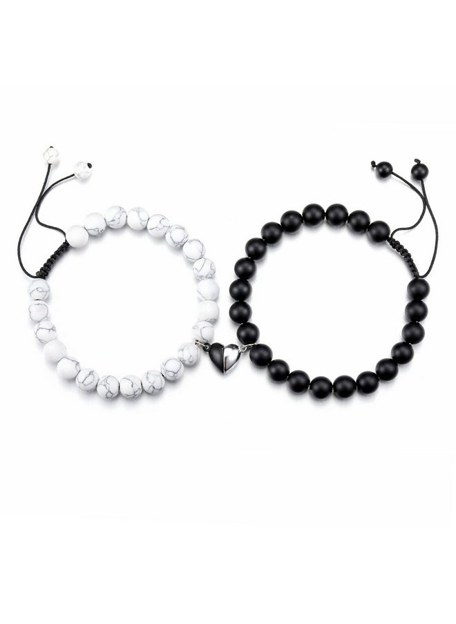 Top Plaza - 2Pcs Couples Bracelets Matching Heart Bracelets For Lover Healing Crystal Black Agate White Turquoise Bracelets For Couples Him & Her Bf Gf Valentine'S Day Gifts - Image 1