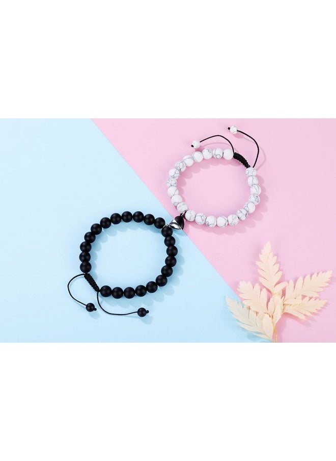 Top Plaza - 2Pcs Couples Bracelets Matching Heart Bracelets For Lover Healing Crystal Black Agate White Turquoise Bracelets For Couples Him & Her Bf Gf Valentine'S Day Gifts - Image 1