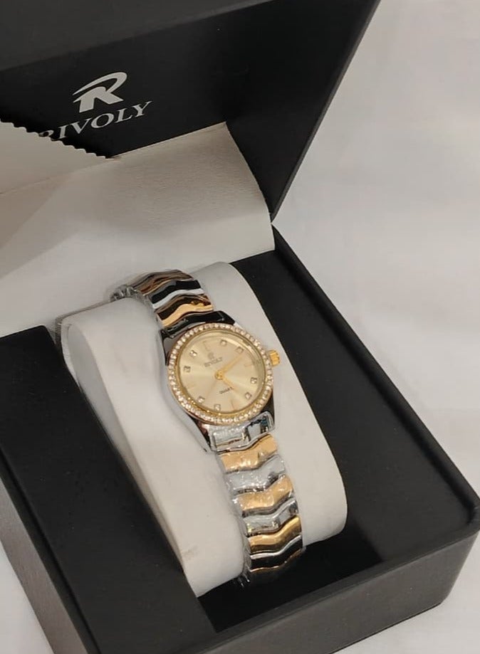 Women's watch adorned with stainless steel crystals, comes in a luxurious box.