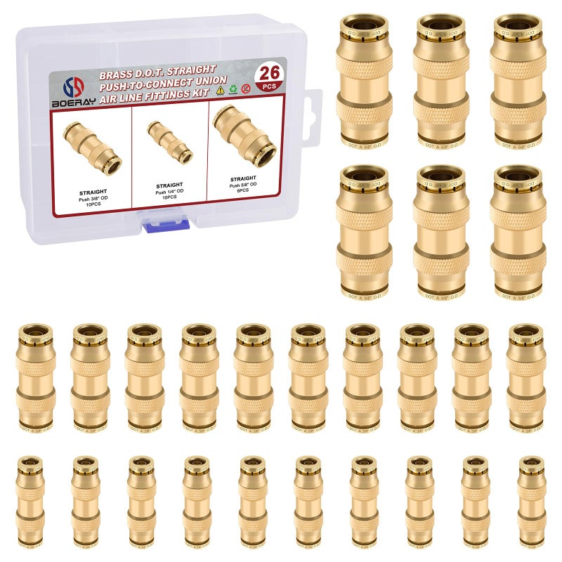 Boeray 26pcs Quick Connect Brass DOT Air Line Fittings Straight Union 14 38 58 Tube Push to Connect Fittings Air Suspension Fittings Straight Air Brake Union Push Lock Pneumatic Air Hose Fitting - Image 2