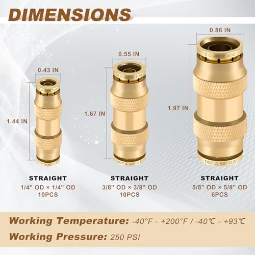 Boeray 26pcs Quick Connect Brass DOT Air Line Fittings Straight Union 14 38 58 Tube Push to Connect Fittings Air Suspension Fittings Straight Air Brake Union Push Lock Pneumatic Air Hose Fitting - Image 3