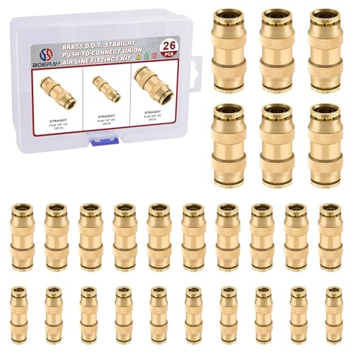 Boeray 26pcs Quick Connect Brass DOT Air Line Fittings Straight Union 14 38 58 Tube Push to Connect Fittings Air Suspension Fittings Straight Air Brake Union Push Lock Pneumatic Air Hose Fitting - Image 1