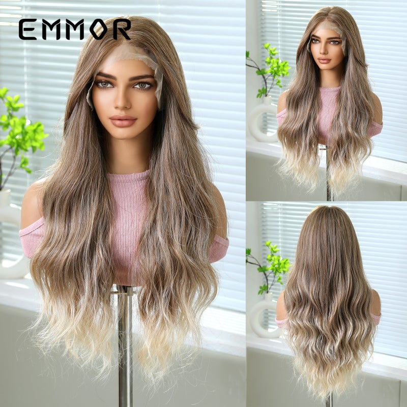 EMMOR Cross-Border 13*6 Large Area Front Lace Wig, Medium Part, Highlighted Golden Color, Fluffy Long Curly Hair - Image 3