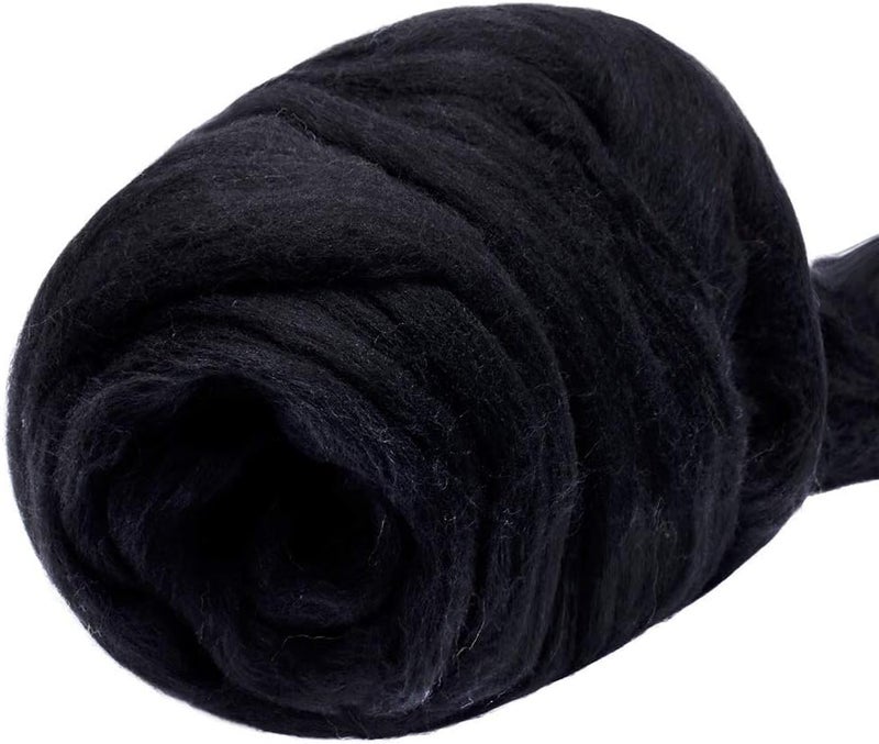 JUPEAN 3.53oz Wool Roving, Wool Felting Supplies, Pure Wools, Chunky Yarn, Spinning Wool Roving for Needle Felting Wet Felting DIY Hand Spinning (Black) - Image 1