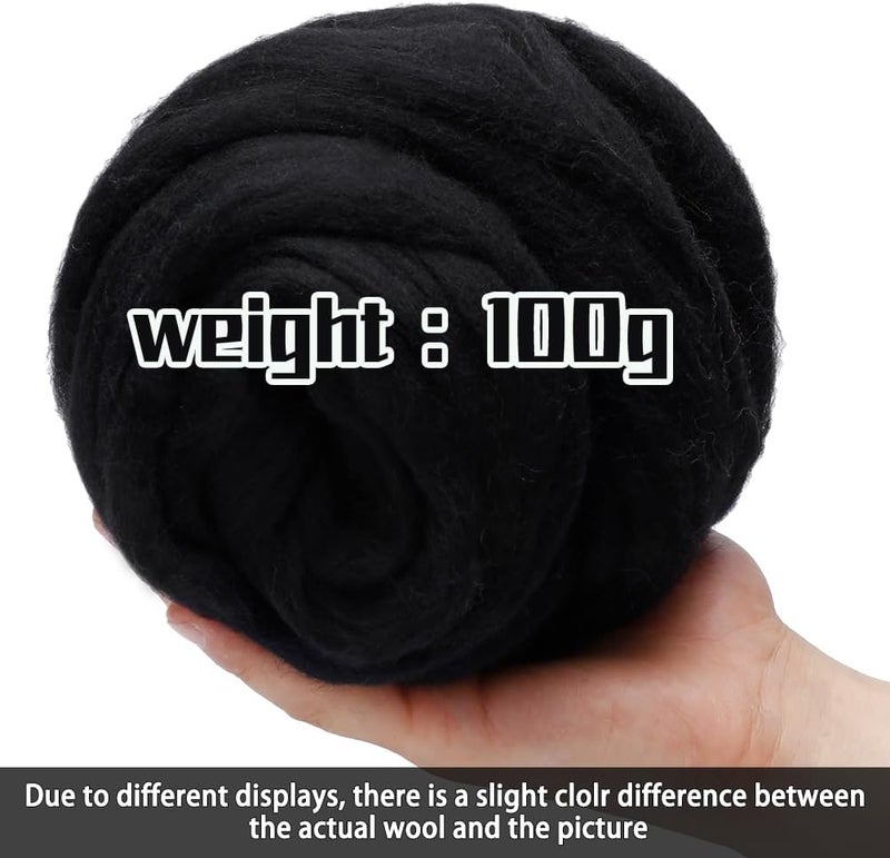 JUPEAN 3.53oz Wool Roving, Wool Felting Supplies, Pure Wools, Chunky Yarn, Spinning Wool Roving for Needle Felting Wet Felting DIY Hand Spinning (Black) - Image 2