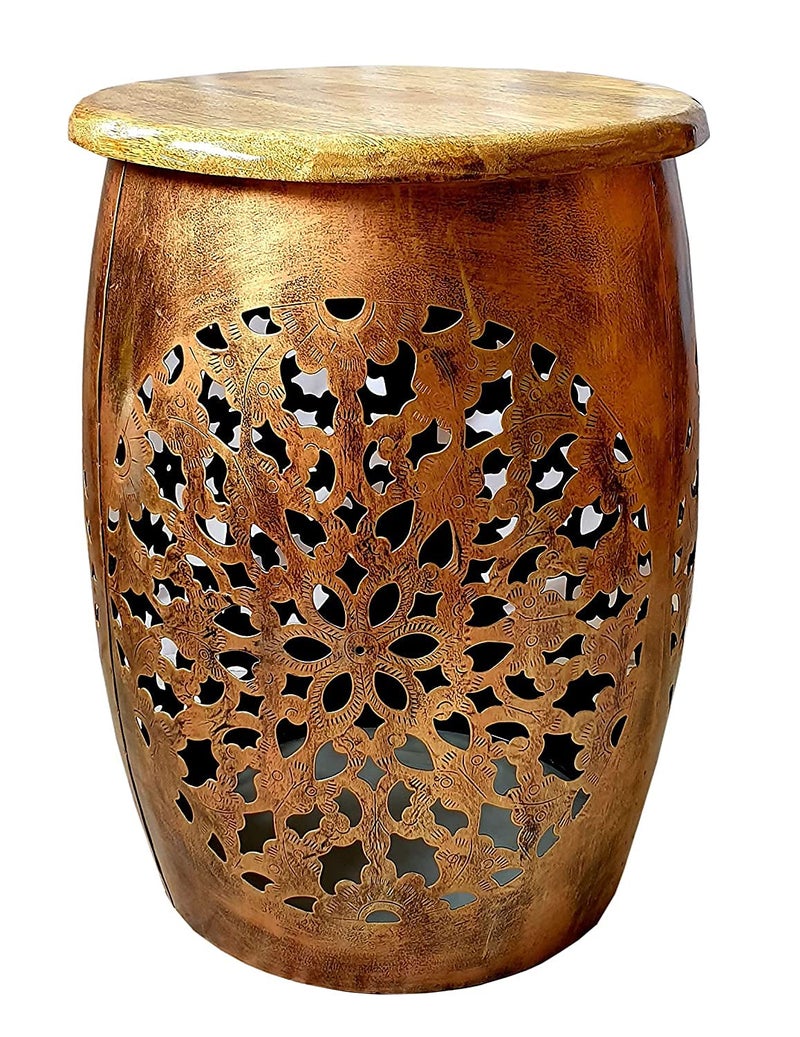 pranjals house pranjals house Beautiful Metal T-Light Sitting Stool Wooden Brass Beautiful Side Table/Coffee Table/Corner Table/Outdoor Table/Living Room Furniture Floral Design Home Decor|Office Decoration|Mudda - Image 1