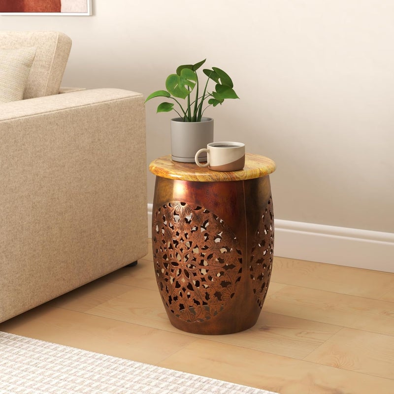 pranjals house pranjals house Beautiful Metal T-Light Sitting Stool Wooden Brass Beautiful Side Table/Coffee Table/Corner Table/Outdoor Table/Living Room Furniture Floral Design Home Decor|Office Decoration|Mudda - Image 2
