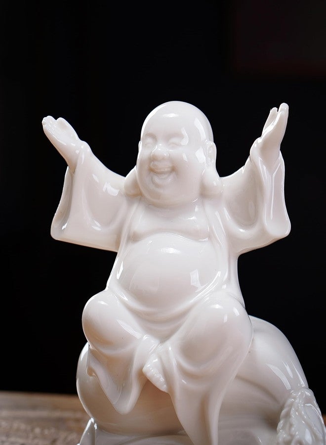 QINLANG Small Ceramic White Laughing Buddha Statue for Good Luck, Lucky Happy Buddha Statue Sitting on Money Bag for Good Luck and Prosperity - Image 2