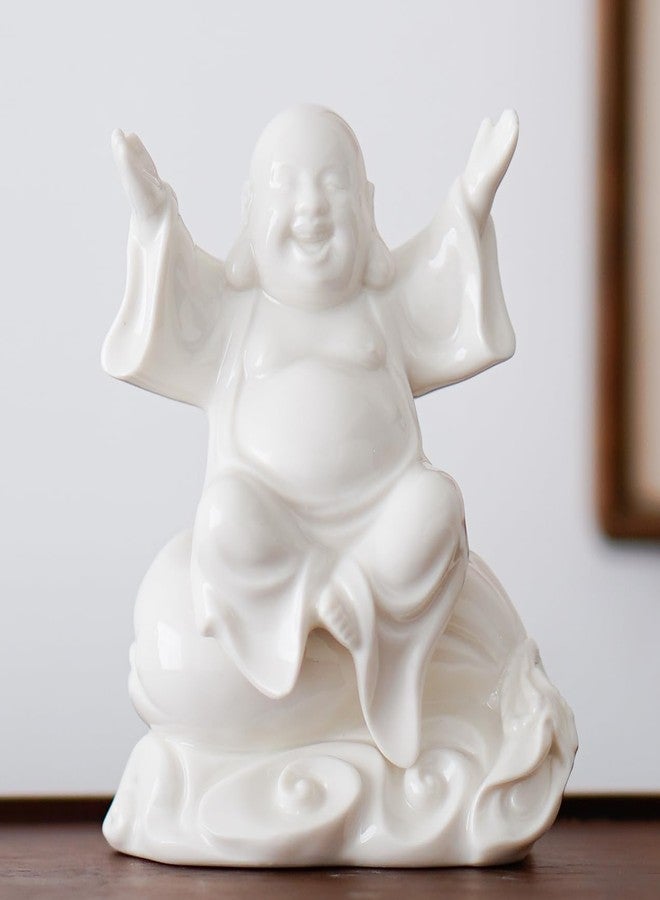 QINLANG Small Ceramic White Laughing Buddha Statue for Good Luck, Lucky Happy Buddha Statue Sitting on Money Bag for Good Luck and Prosperity - Image 4
