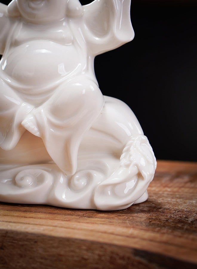 QINLANG Small Ceramic White Laughing Buddha Statue for Good Luck, Lucky Happy Buddha Statue Sitting on Money Bag for Good Luck and Prosperity - Image 3