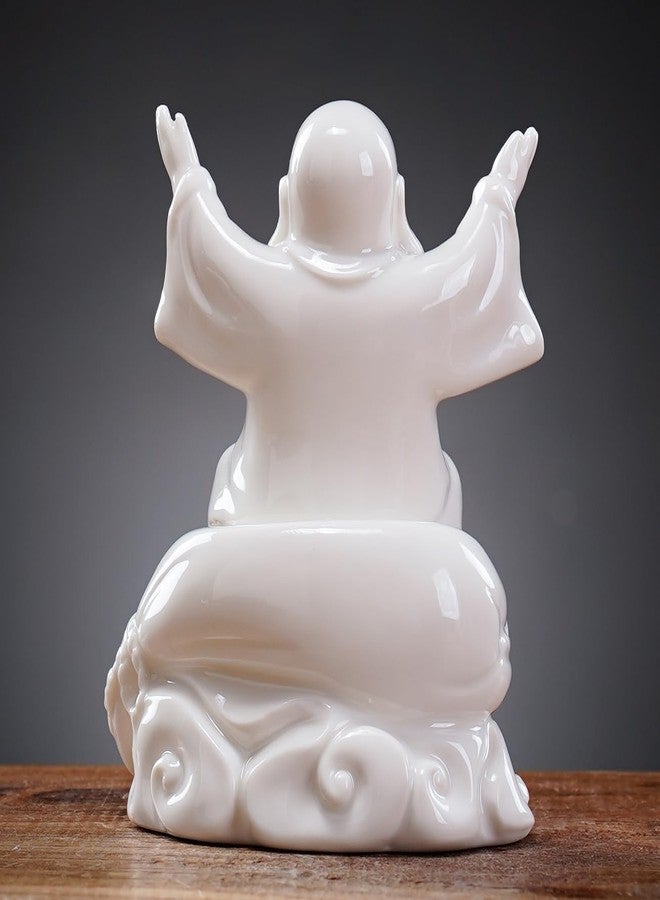 QINLANG Small Ceramic White Laughing Buddha Statue for Good Luck, Lucky Happy Buddha Statue Sitting on Money Bag for Good Luck and Prosperity - Image 5