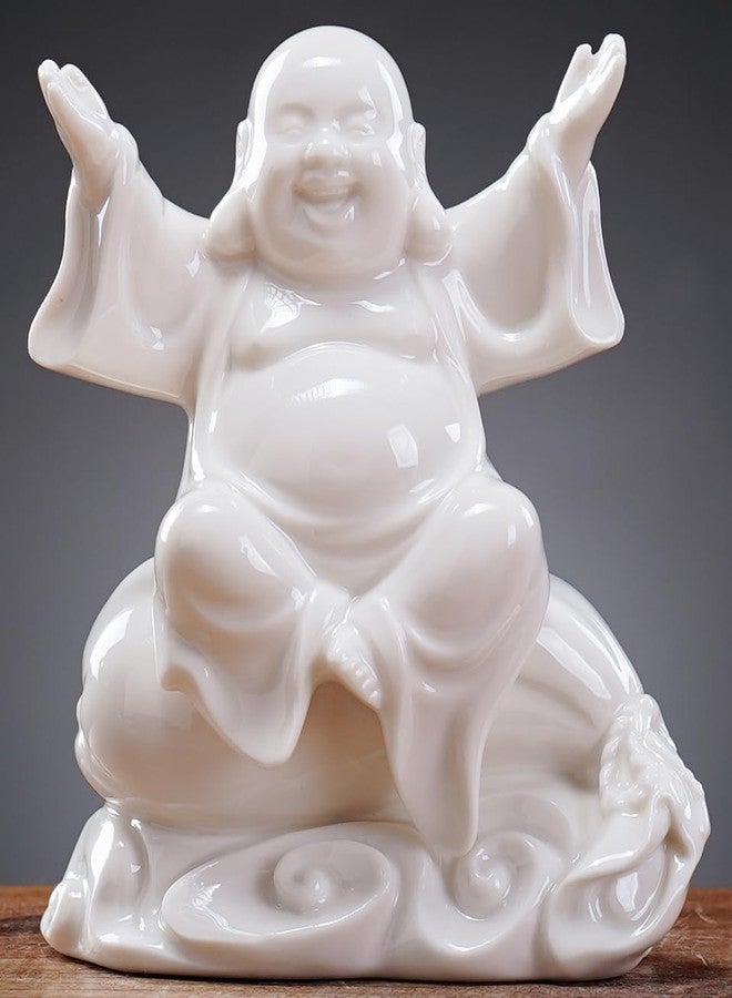 QINLANG Small Ceramic White Laughing Buddha Statue for Good Luck, Lucky Happy Buddha Statue Sitting on Money Bag for Good Luck and Prosperity - Image 1