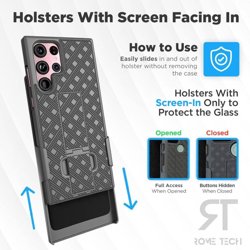 ROME TECH Designed for Samsung Galaxy S22 Ultra Case with Belt Clip Holster - Kickstand Cover Phone Case - Black - Image 4