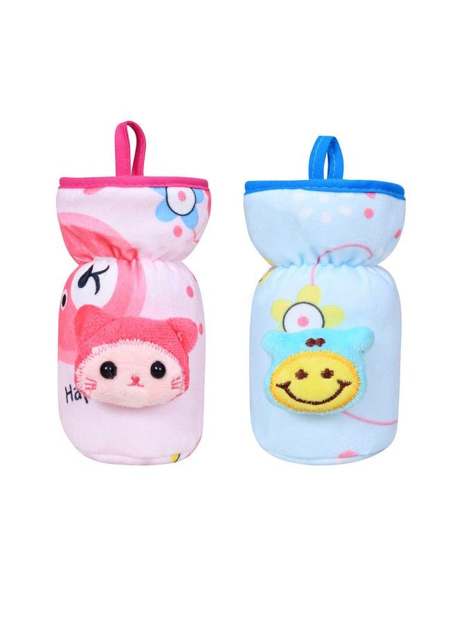 The Little Lookers Soft Plush Stretchable Baby Feeding Bottle Cover With Easy To Hold Strap ; Cute Animated Overall Print Pack Of 2 (Pink & Blue Narrow Neck 120Ml;4Oz)