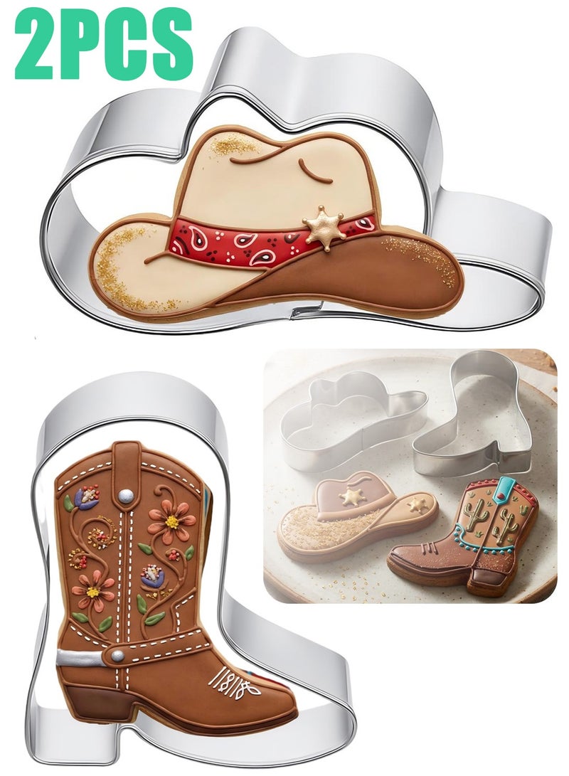 Western Themed Cookie Cutters 2 Pieces Cowboy Boot & Hat Shapes Durable Stainless Steel Baking Accessories Dishwasher Safe for Cookie Fondant and Pastry - Image 1