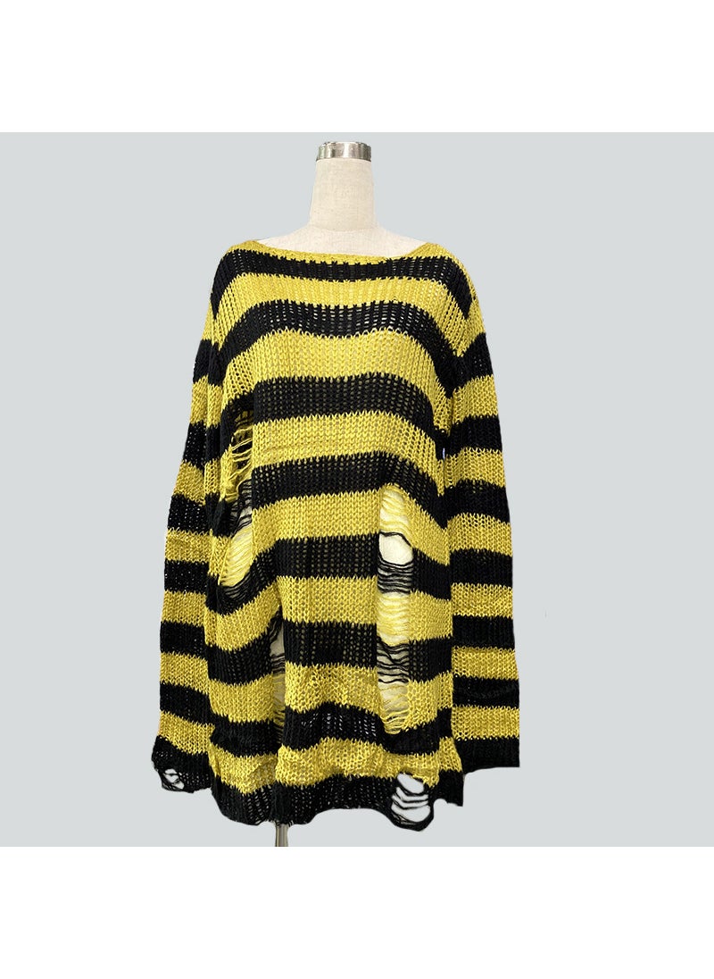 Generic Mohair new European and American Foreign trade loose striped sweater Women's Mid-length pullover ripped thin wool sweater  - Image 2