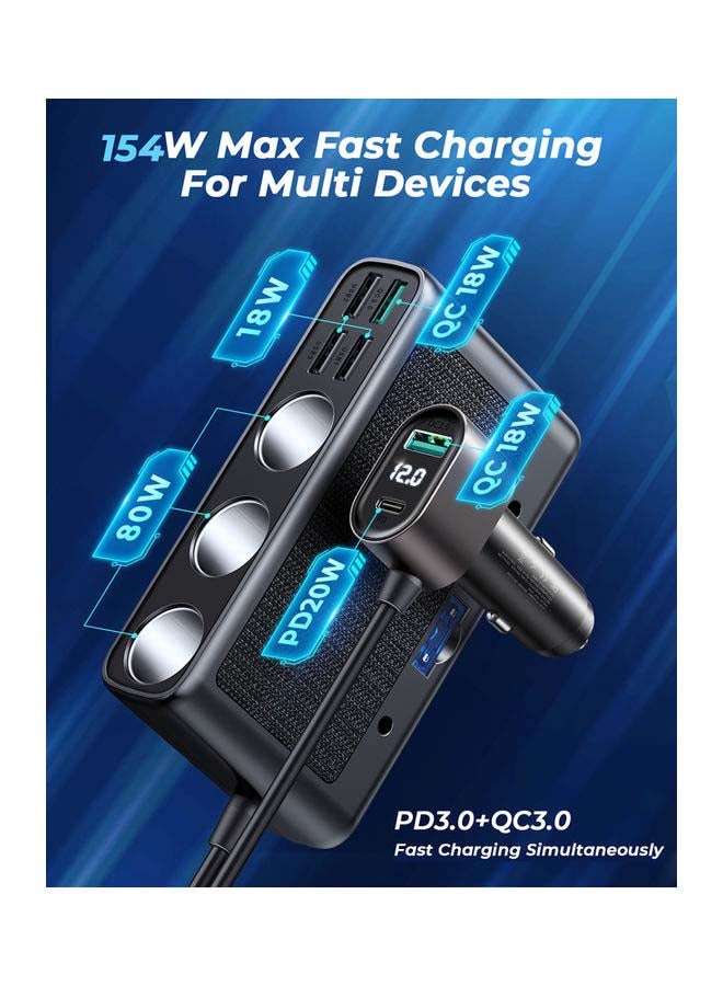 جوي روم شاحن سيارة 3 في 1 بقدرة 154 وات مع 5 منافذ USB ولاعة سجائر من النوع C أسود - Image 3