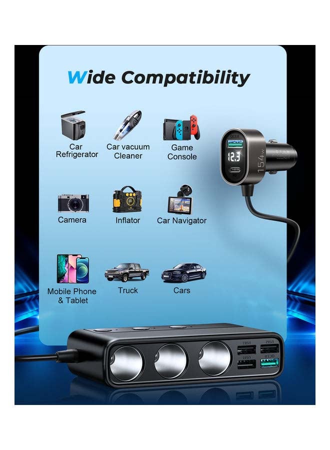 جوي روم شاحن سيارة 3 في 1 بقدرة 154 وات مع 5 منافذ USB ولاعة سجائر من النوع C أسود - Image 4
