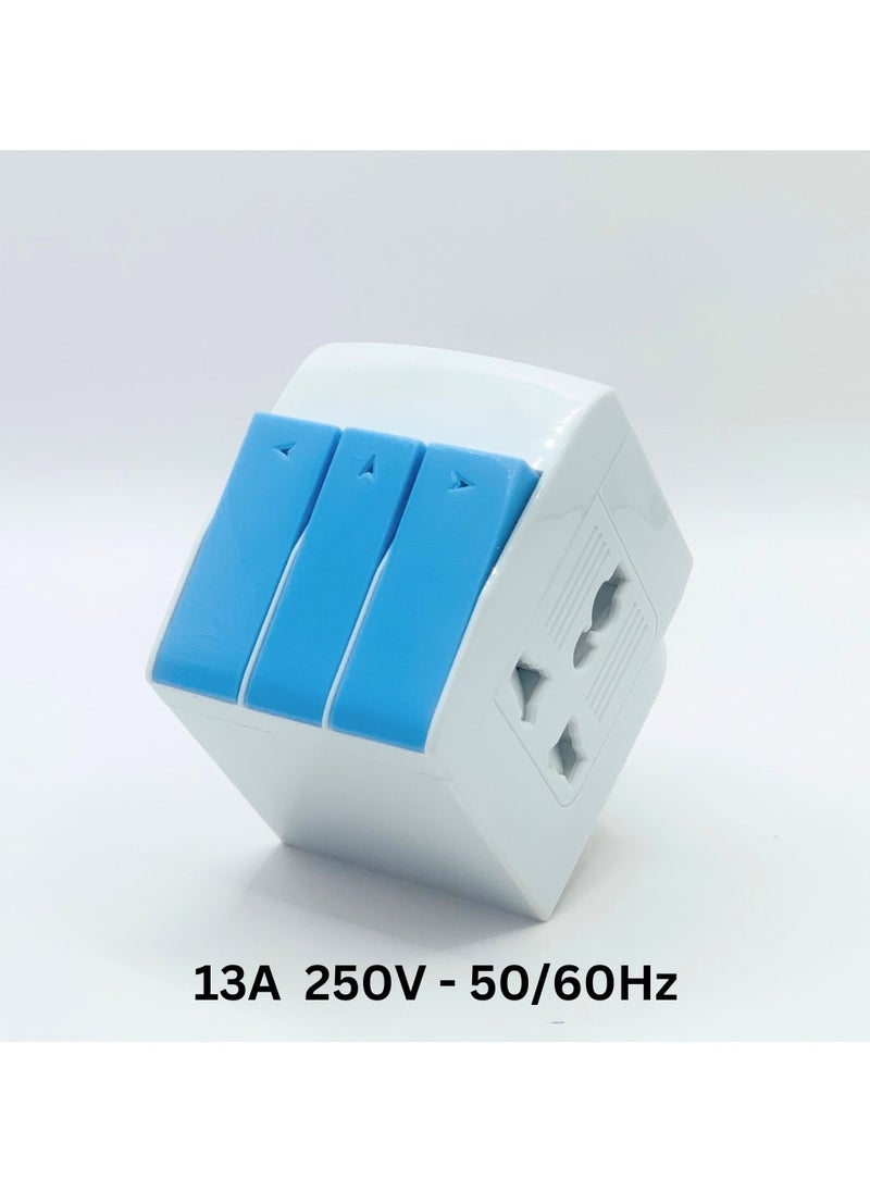 Panvil - Travel Adapter with switch and light Multi Plug 3 Sockets with 3 Switches and Indicator for Home and Office Use | High Quality | Easy to Carry | 13A,Worldwide All in One Universal Power Wall Charger AC Power Plug Adapter| 250V | 3250W (White and Blue) - Image 1