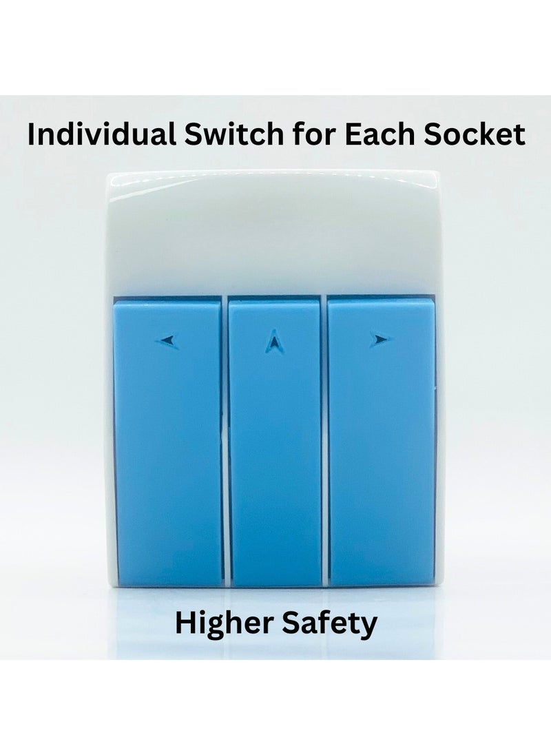 Panvil - Travel Adapter with switch and light Multi Plug 3 Sockets with 3 Switches and Indicator for Home and Office Use | High Quality | Easy to Carry | 13A,Worldwide All in One Universal Power Wall Charger AC Power Plug Adapter| 250V | 3250W (White and Blue) - Image 1