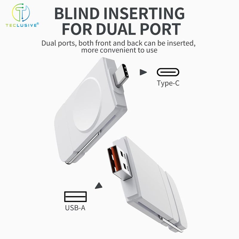 T Teclusive Mini Compact USB Type C Portable Charger Compatible for iWatch Ultra/Series 10 9 8 7 6 5 SE 4 | Dual Port USB C Magnetic Travel Charger for iWatch and Pod Pro 2 (White) - Image 5