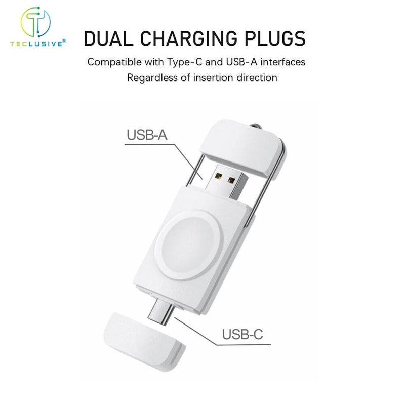 T Teclusive Mini Compact USB Type C Portable Charger Compatible for iWatch Ultra/Series 10 9 8 7 6 5 SE 4 | Dual Port USB C Magnetic Travel Charger for iWatch and Pod Pro 2 (White) - Image 2