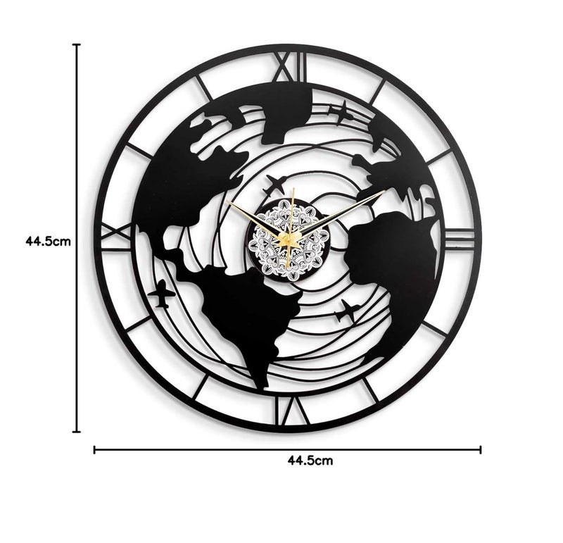 METSY Metal Wall Clock World Map Design | Metal Wall Art Clock Decor for Living Room | Wall Hangings for Home Decoration | Size: 44.5x44.5 cm | Laser Cutting & Black Powder Coated - Image 5