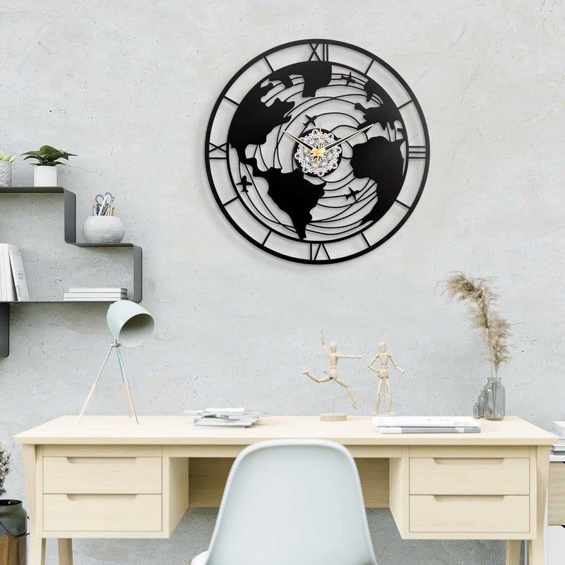 METSY Metal Wall Clock World Map Design | Metal Wall Art Clock Decor for Living Room | Wall Hangings for Home Decoration | Size: 44.5x44.5 cm | Laser Cutting & Black Powder Coated - Image 1