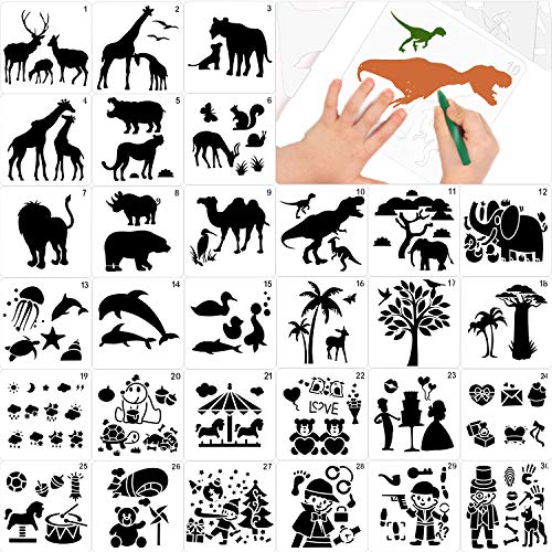 Konsait 30Pack Drawing Stencils Templates for Kids,Plastic Painting Jungle Sea Animal Dinosaur Clown Stencils for Greeting Cards, Albums, Scrapbook, Notebook, Journal, Wall Art Wood Painting Tool - Image 1