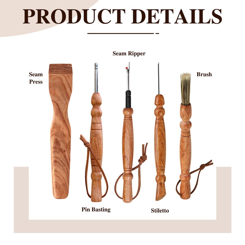 SAVINA Set 5 Wooden Sewing Tool - Seam Ripper, Seam Press, Stiletto, Basting Pin Tool, Cleaning Brush - Premium Hardwood Handles for Quilting & Hand Sewing - Image 4