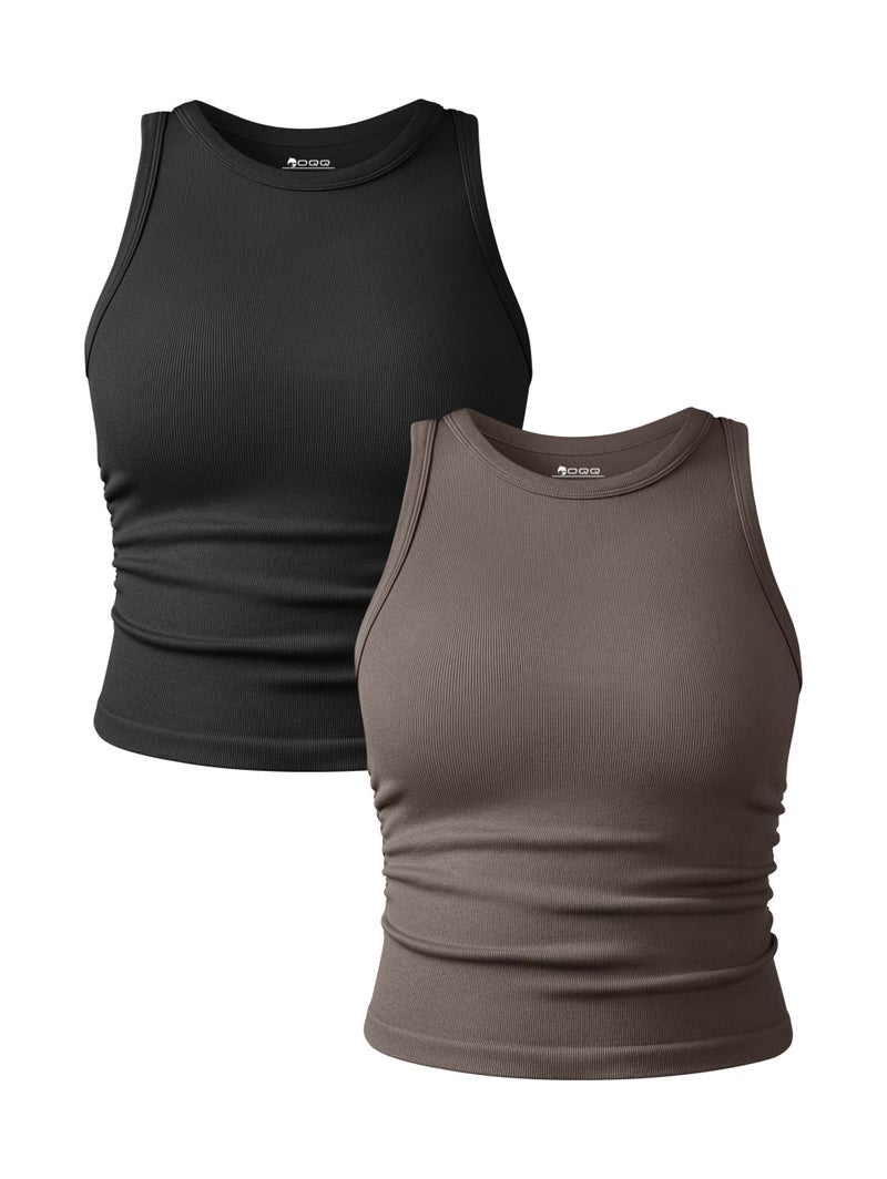 OQQ Women's 2 Piece Tank Tops Crew Neck Sleeveless Basic Stretch Casusal Yoga Crop Camis Black Tea Leaf - Image 1