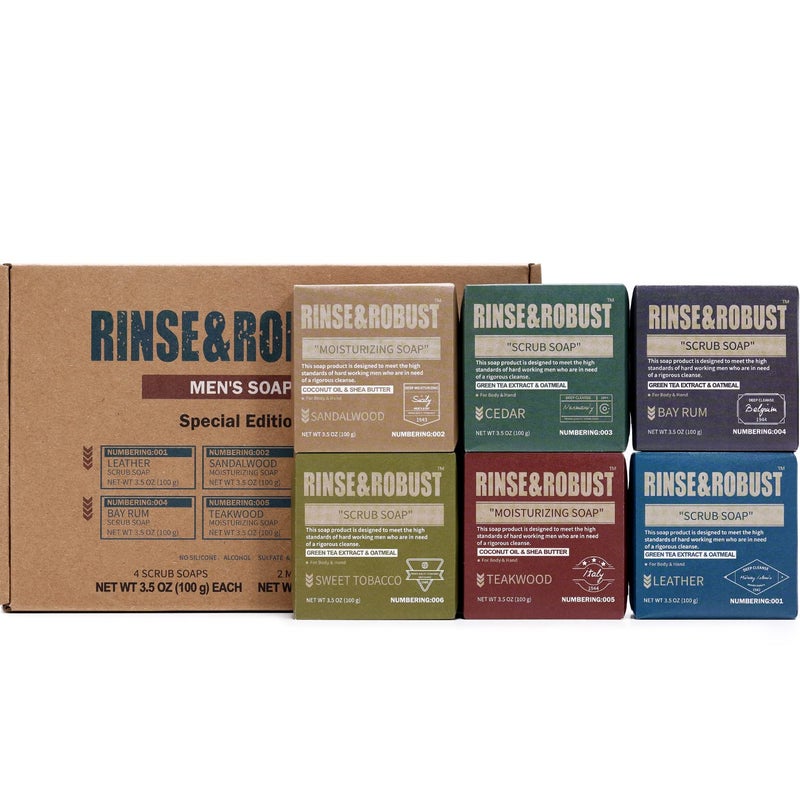 Rinse & Robust Mens Soap Bar Set 6Pcs Natural Handmade Cleansing Bar Soap Set Moisturizing&Exfoliating Scrub Soap Gift for Men All Skin Type| 6 Different Scents |3.5 oz of 6 Bars - Image 1