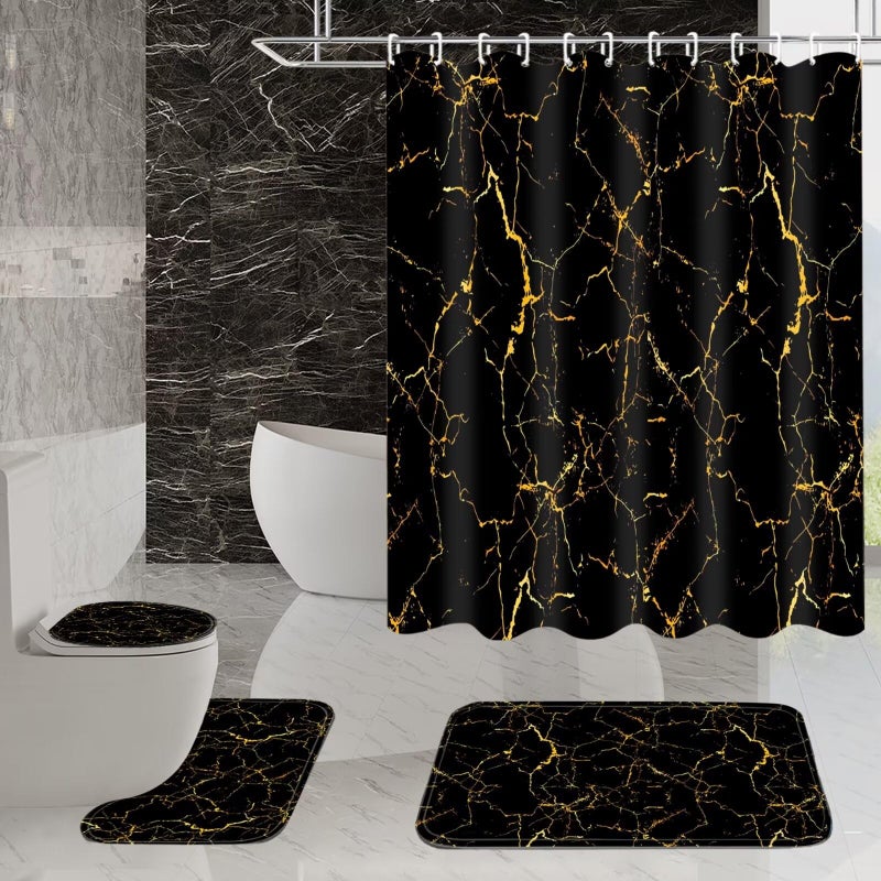 AZHM 4Pcs Shower Curtain Sets Black and Gold Marble Bathroom Sets with Shower Curtain and Rugs and Accessories Luxury Bathroom Curtain Decor Sets with 12 Hooks - Image 3