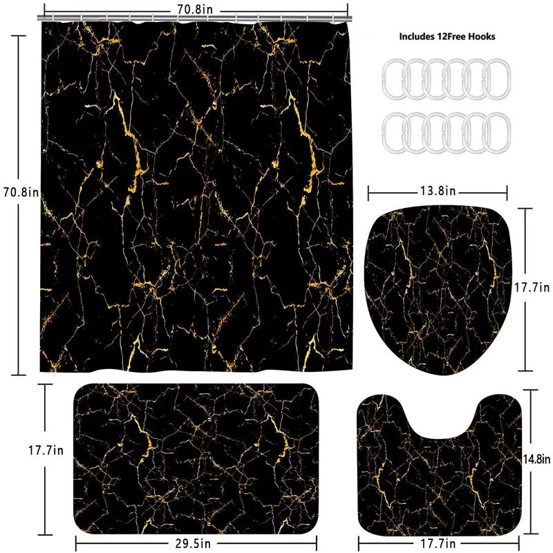 AZHM 4Pcs Shower Curtain Sets Black and Gold Marble Bathroom Sets with Shower Curtain and Rugs and Accessories Luxury Bathroom Curtain Decor Sets with 12 Hooks - Image 5