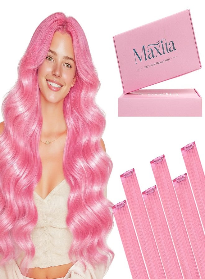 MAXITA PeachPink Clip in Hair Extensions Real Human Hair 18inch 35g 6Pcs Remy Human Hair Clip in Extensions for Kids Women Colorful Hair Pieces Pop-up Style Straight Extensiones - Image 1