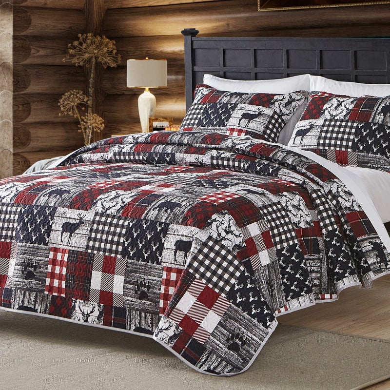 UMCHORD Cabin Quilt Set Queen, Christmas Rustic Quilt Coverlet Bed Set, 3-Piece Lightweight Reversible All Season Quilt Set, Lodge Bedspread Quilt with 2 Shams - Image 1