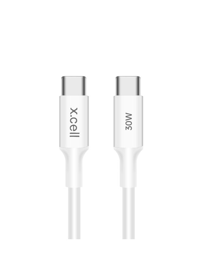 Xcell كابل شحن سريع USB-C إلى USB-C بقوة 30 واط من Xcell | توصيل طاقة 30 واط | 1 متر | سعة 3 أمبير | كابل مضفر مقاوم للحرارة لجهاز iPhone 15، Samsung، iPad، MacBook، أجهزة الكمبيوتر المحمولة | سرعة عالية – أبيض - Image 1