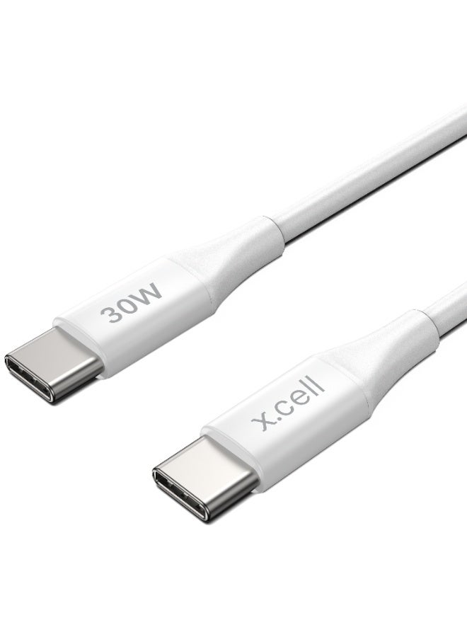 Xcell كابل شحن سريع USB-C إلى USB-C بقوة 30 واط من Xcell | توصيل طاقة 30 واط | 1 متر | سعة 3 أمبير | كابل مضفر مقاوم للحرارة لجهاز iPhone 15، Samsung، iPad، MacBook، أجهزة الكمبيوتر المحمولة | سرعة عالية – أبيض - Image 2