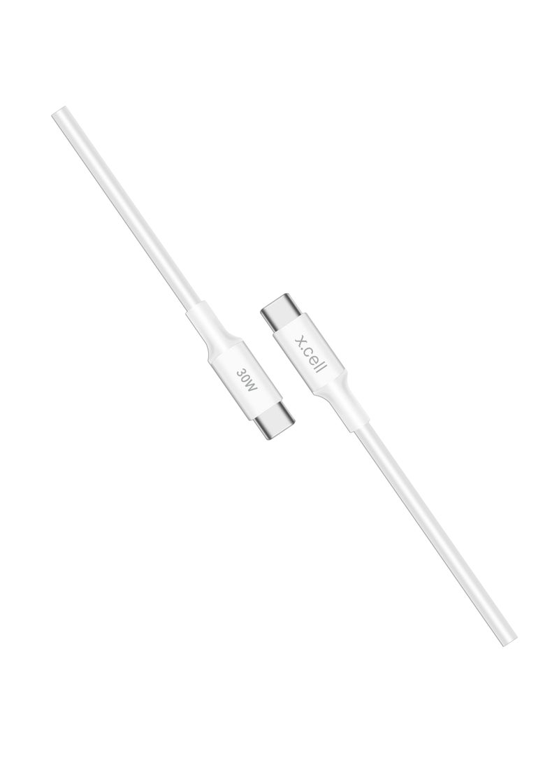Xcell كابل شحن سريع USB-C إلى USB-C بقوة 30 واط من Xcell | توصيل طاقة 30 واط | 1 متر | سعة 3 أمبير | كابل مضفر مقاوم للحرارة لجهاز iPhone 15، Samsung، iPad، MacBook، أجهزة الكمبيوتر المحمولة | سرعة عالية – أبيض - Image 3
