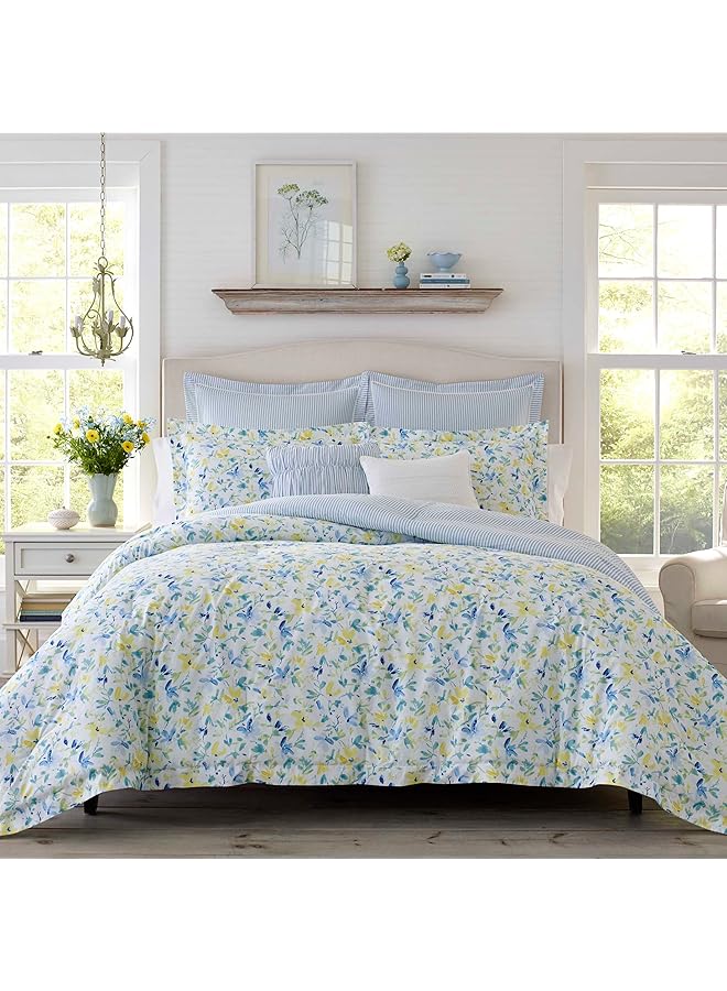 LAURA ASHLEY Comforter Soft Reversible Bedding Set Includes Matching Bonus Euro Shams And Throw Pillows Queen Nora Blue Yellow Green White - Image 1