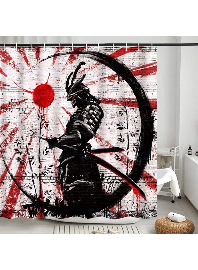 iTapnoom Japanese Samurai Anime Shower Curtain Set, Cool Anime Red and Black Sun Moon Art Decor Fabric Shower Curtains Sets for Men Bathroom Asian Japan Male Bath Accessories with Hooks 72 X 72 inch - Image 4